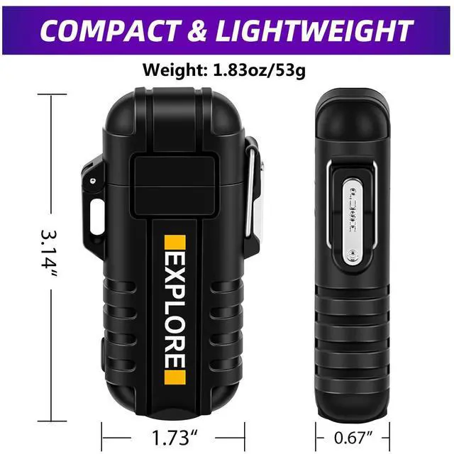 Alt view image 7 of 7 - Waterproof Electric Dual Arc Lighter USB Type C Rechargeable Windproof Flameless Plasma Lighters with Flashlight for Camping, Hiking, Outdoor Survival, Tactical Gear Gifts for Men
