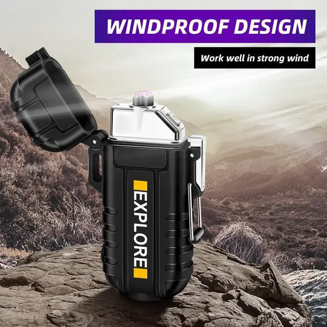 Alt view image 6 of 7 - Waterproof Electric Dual Arc Lighter USB Type C Rechargeable Windproof Flameless Plasma Lighters with Flashlight for Camping, Hiking, Outdoor Survival, Tactical Gear Gifts for Men