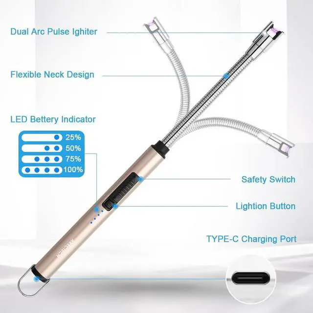 Alt view image 3 of 7 - Electric Arc Candle Lighter Flameless Rechargeable USB Long Lighters for Candle Cooking BBQs Fireworks Gold 2 Pack