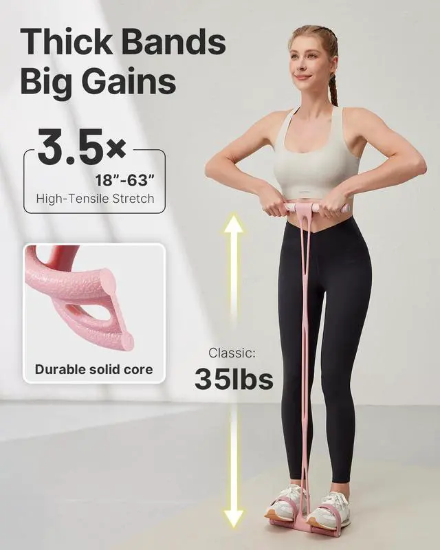 Alt view image 3 of 6 - Pedal Resistance Band, Thick Elastic Tension Rope with Handles, Sit-Up Pull Rope Fitness Equipment for Leg, Arm, Abs, Waist, Home Gym & Yoga Training for Women & Men (Pink, 35 pounds)