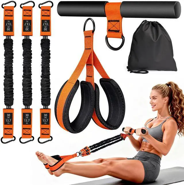 Main image of Upgraded Adjustable Pedal Resistance Band with Handles, 3-Tube 30Lb Multifunction Resistance Band for Women, Sit Up Fitness Equipment for Abdomen, Waist, Arm, Core/Abs, Leg (Orange)