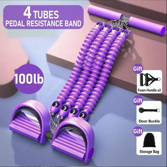 Alt view image 2 of 7 - 2026 Upgrade Foot Pedal Resistance Band, Adjustable 4-Tube Pedal Ankle Puller Resistance Band with Handle, Multifunction Home Gym Equipment, Stirrup Puller for Men Women for Full Body Exercise -Purple