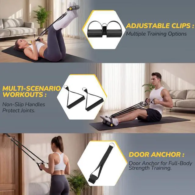 Alt view image 6 of 7 - Upgrade Foot Pedal Resistance Bands with Handles, 4 Tube Adjustable Resistance Bands for Abdomen, Waist, Arm, Core/ABS, Leg Workout - Stirrup Puller for Men Women for Full Body Workout