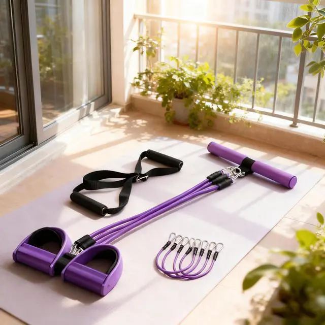 Alt view image 7 of 7 - Upgrade 4-Tube Pedal Ankle Puller Resistance Bands with Two Extra Handles Purple,Pedal Puller Resistance Band with Handle for Home Gym,Yoga & Pilates,Ideal to Tone Arms,Abs,Waist Unisex