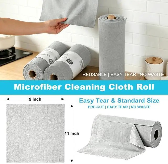Alt view image 2 of 6 - 55 Pack Microfiber Cleaning Cloth Roll, Tear Away Reusable Paper Towels, 11" X 9", Ultra Absorbent & Lint Free Microfiber Cloth for Cleaning Cars, Kitchen, Window, Home and Shop, Grey