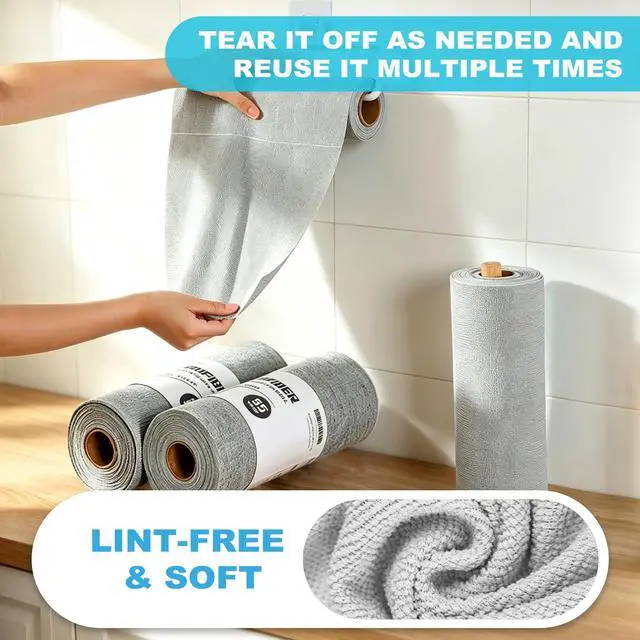 Alt view image 4 of 6 - 55 Pack Microfiber Cleaning Cloth Roll, Tear Away Reusable Paper Towels, 11" X 9", Ultra Absorbent & Lint Free Microfiber Cloth for Cleaning Cars, Kitchen, Window, Home and Shop, Grey