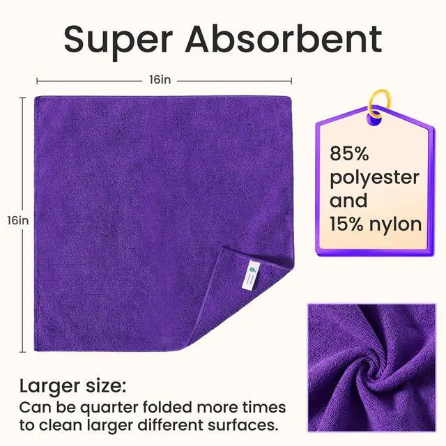 Alt view image 2 of 7 - Microfiber Cleaning Cloths-12 Pack,Microfiber Towels for Cars & Kitchen,Highly Absorbent Cleaning Towel,Lint Free Streak Free Rags for House,Window,Purple,Green,Blue(16"x16")