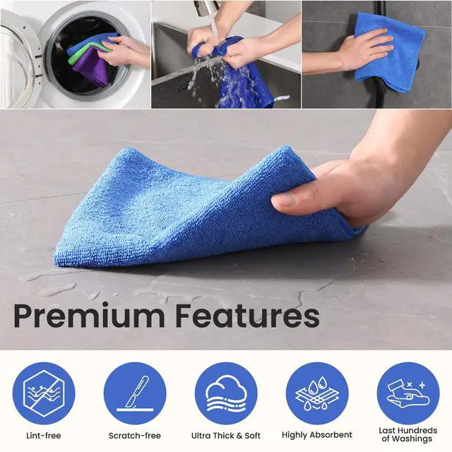 Alt view image 6 of 7 - Microfiber Cleaning Cloths-12 Pack,Microfiber Towels for Cars & Kitchen,Highly Absorbent Cleaning Towel,Lint Free Streak Free Rags for House,Window,Purple,Green,Blue(16"x16")