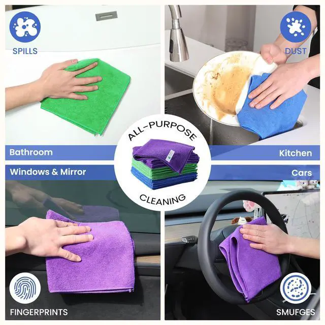 Alt view image 7 of 7 - Microfiber Cleaning Cloths-12 Pack,Microfiber Towels for Cars & Kitchen,Highly Absorbent Cleaning Towel,Lint Free Streak Free Rags for House,Window,Purple,Green,Blue(16"x16")