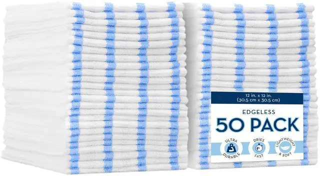 Main image of Bulk Edgeless Microfiber Cleaning Cloths, White and Blue Stripe, 50 Pack