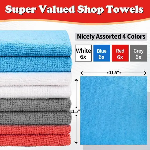 Alt view image 2 of 7 - Shop Towels, Microfiber Cleaning Cloth Bulk, 24 Pack Microfiber Towels for Cars, All-Purpose Absorbent Cleaning Rags, Dust Cloth for Automotive, Mechanic, Garage, Bar, 11.5 x 11.5 inch