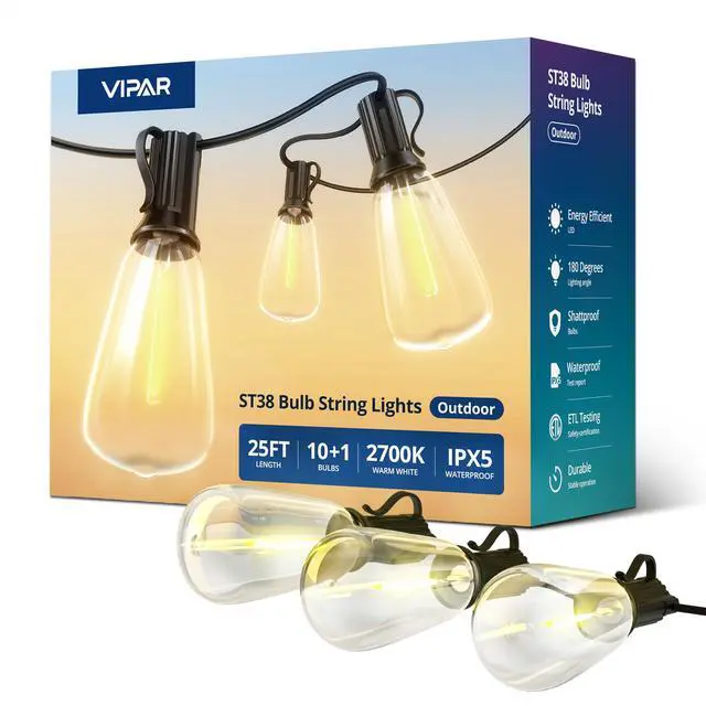 Main image of Outdoor String Lights 25FT LED Patio Lights IPX5 Waterproof with 10+1 ST38 Shatterproof Edison Bulbs, 2700K Connectable Outside Hanging Light for Porch, Garden, Backyard, Deck, Balcony, Decor