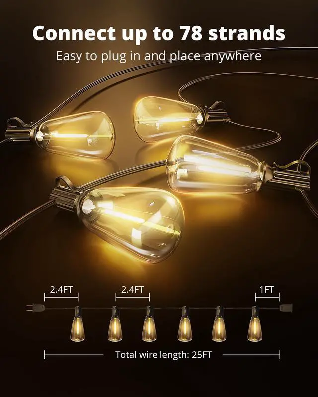 Alt view image 5 of 7 - Outdoor String Lights 25FT LED Patio Lights IPX5 Waterproof with 10+1 ST38 Shatterproof Edison Bulbs, 2700K Connectable Outside Hanging Light for Porch, Garden, Backyard, Deck, Balcony, Decor