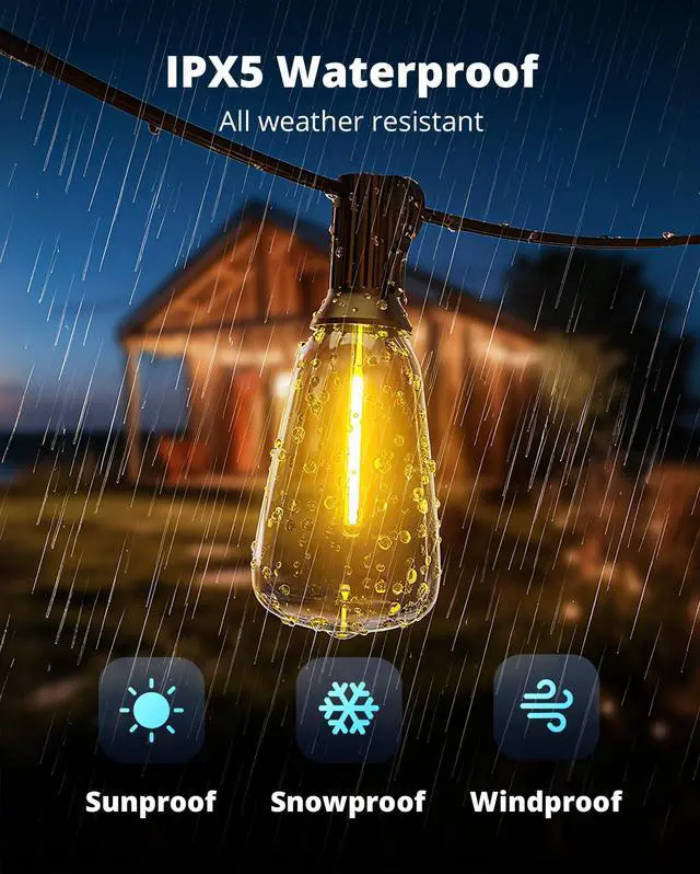 Alt view image 2 of 7 - Outdoor String Lights 25FT LED Patio Lights IPX5 Waterproof with 10+1 ST38 Shatterproof Edison Bulbs, 2700K Connectable Outside Hanging Light for Porch, Garden, Backyard, Deck, Balcony, Decor