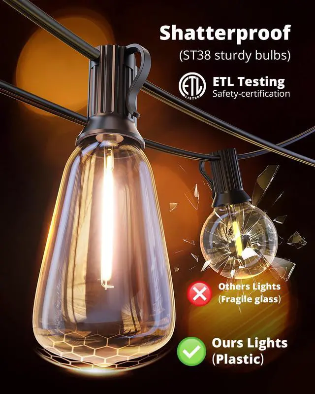 Alt view image 3 of 7 - Outdoor String Lights 25FT LED Patio Lights IPX5 Waterproof with 10+1 ST38 Shatterproof Edison Bulbs, 2700K Connectable Outside Hanging Light for Porch, Garden, Backyard, Deck, Balcony, Decor