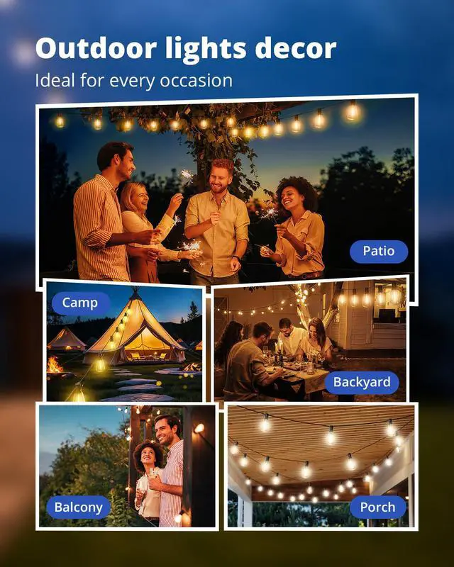 Alt view image 7 of 7 - Outdoor String Lights 25FT LED Patio Lights IPX5 Waterproof with 10+1 ST38 Shatterproof Edison Bulbs, 2700K Connectable Outside Hanging Light for Porch, Garden, Backyard, Deck, Balcony, Decor