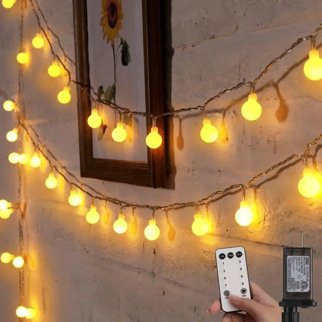 Main image of Globe String Lights, 33 Feet 100 Led Fairy Lights Plug in, 8 Modes with Remote Mini Globe Lights for Indoor Outdoor Bedroom Party Wedding Garden Christmas Tree Decor, Warm White