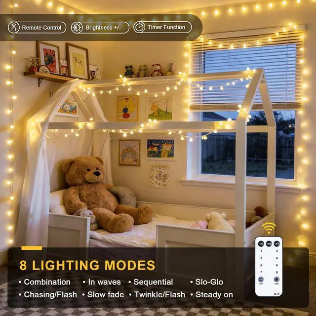Alt view image 5 of 7 - 100 LED Connectable Globe String Lights Indoor Bedroom, 33ft Warm White Christmas Lights Plug in with Remote, 8 Modes Hanging Fairy Light Outdoor for Room Classroom Party Spring Home Decor