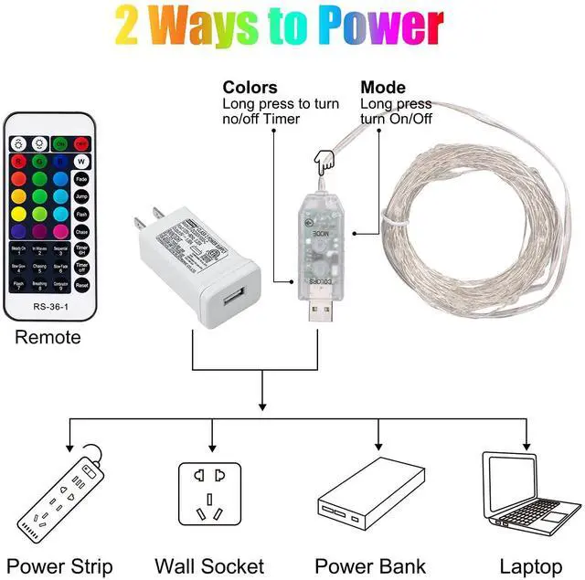 Alt view image 7 of 7 - Color Changing Fairy String Lights - 33 ft 100 LED USB Silver Wire Lights with Remote and Timer, Starry Fairy Light for Bedroom Party Indoor Christmas Decoration, 16 Colors, Adapter Included