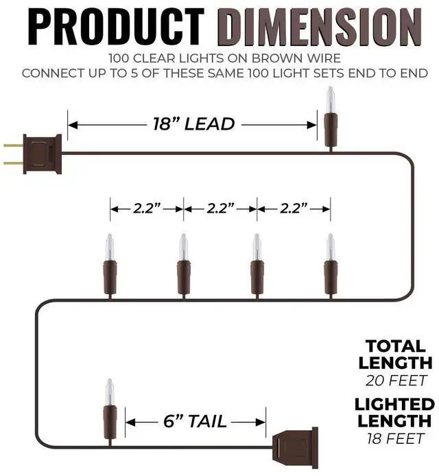 Alt view image 2 of 7 - 100 Clear Mini Christmas String Lights on Brown Wire Cord, UL Approved for Indoor/Outdoor Use, 18 Foot of Lighted Length, 20 Foot of Total Length