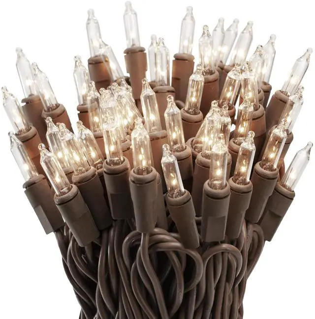 Main image of 100 Clear Mini Christmas String Lights on Brown Wire Cord, UL Approved for Indoor/Outdoor Use, 18 Foot of Lighted Length, 20 Foot of Total Length
