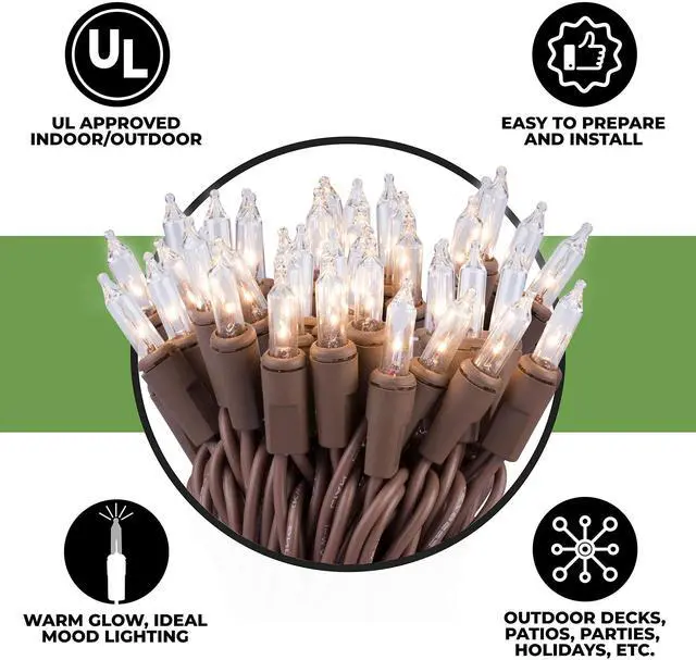 Alt view image 4 of 7 - 100 Clear Mini Christmas String Lights on Brown Wire Cord, UL Approved for Indoor/Outdoor Use, 18 Foot of Lighted Length, 20 Foot of Total Length