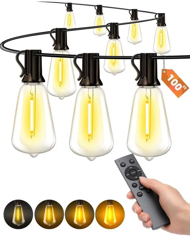 Main image of Outdoor Patio String Lights: 100Ft 30M Outside Waterproof Light - Remote Dimmable ST38 Shatterproof Bulb Connectable Hanging Outdoor Electric Lighting - Backyard Yard Gazebo Porch Party