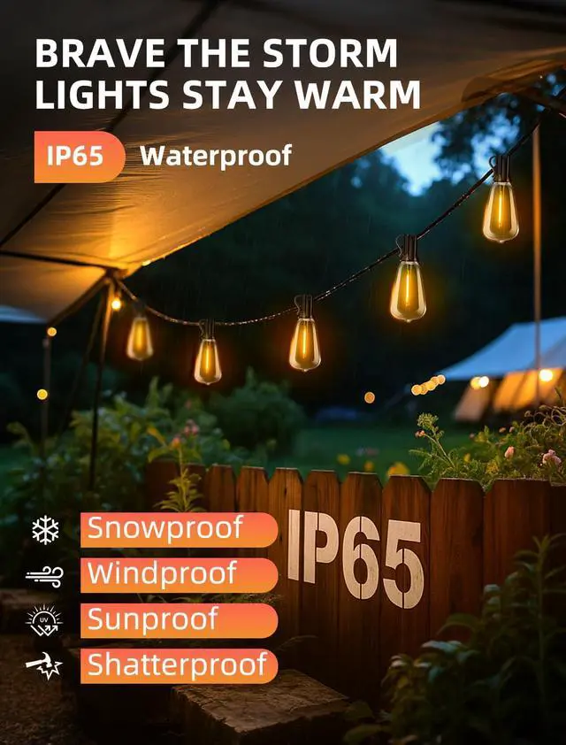 Alt view image 3 of 7 - Outdoor Patio String Lights: 100Ft 30M Outside Waterproof Light - Remote Dimmable ST38 Shatterproof Bulb Connectable Hanging Outdoor Electric Lighting - Backyard Yard Gazebo Porch Party