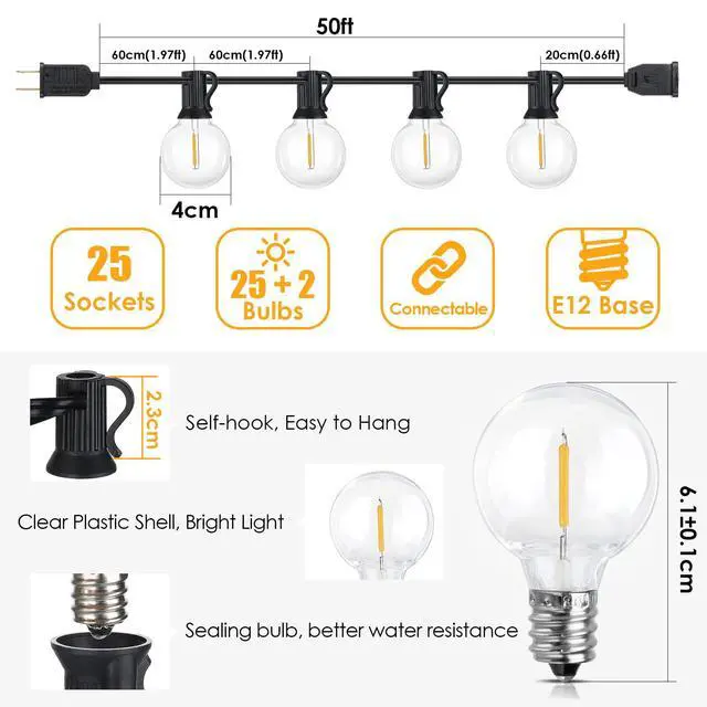 Alt view image 7 of 7 - 50Ft LED Outdoor String Lights G40 Globe Dimmable Patio Light, Waterproof Hanging String Light with 27 Warm White Shatterproof Bulbs(2 Spare)