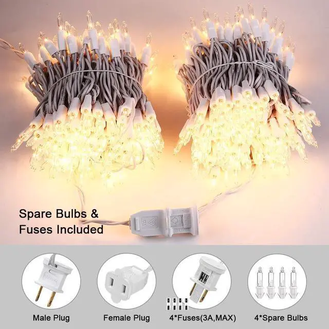 Alt view image 7 of 7 - Clear Christmas Lights, 300 Count 69.6ft Incandescent White Lights String, Connectable 120V UL Certified Indoor/Outdoor White Light on White Wire for Room, Birthday, Wedding, Party, Warm White