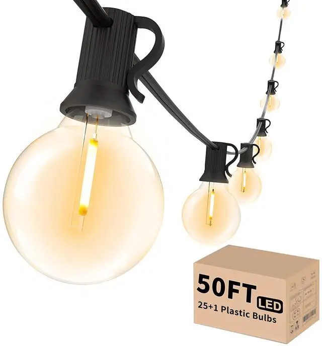 Main image of Outdoor String Lights 50 FT, Patio LED Lights Outside with 26pcs Bulbs, Waterproof Shatterproof Hanging Globe Light Connectable for Bistro Cafe Backyard Balcony Warm White