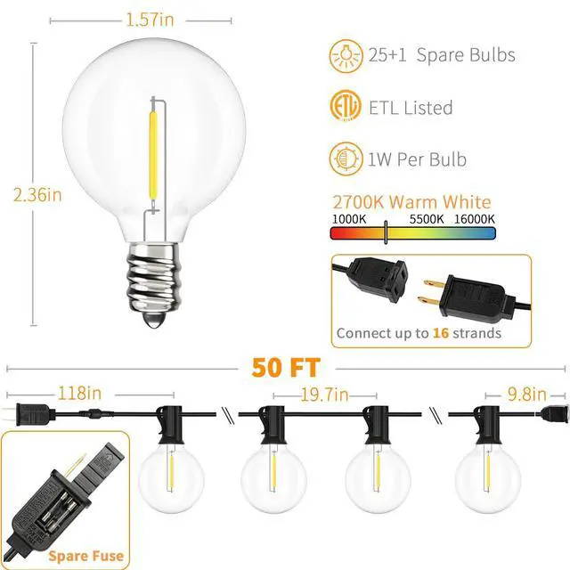 Alt view image 2 of 7 - Outdoor String Lights 50 FT, Patio LED Lights Outside with 26pcs Bulbs, Waterproof Shatterproof Hanging Globe Light Connectable for Bistro Cafe Backyard Balcony Warm White