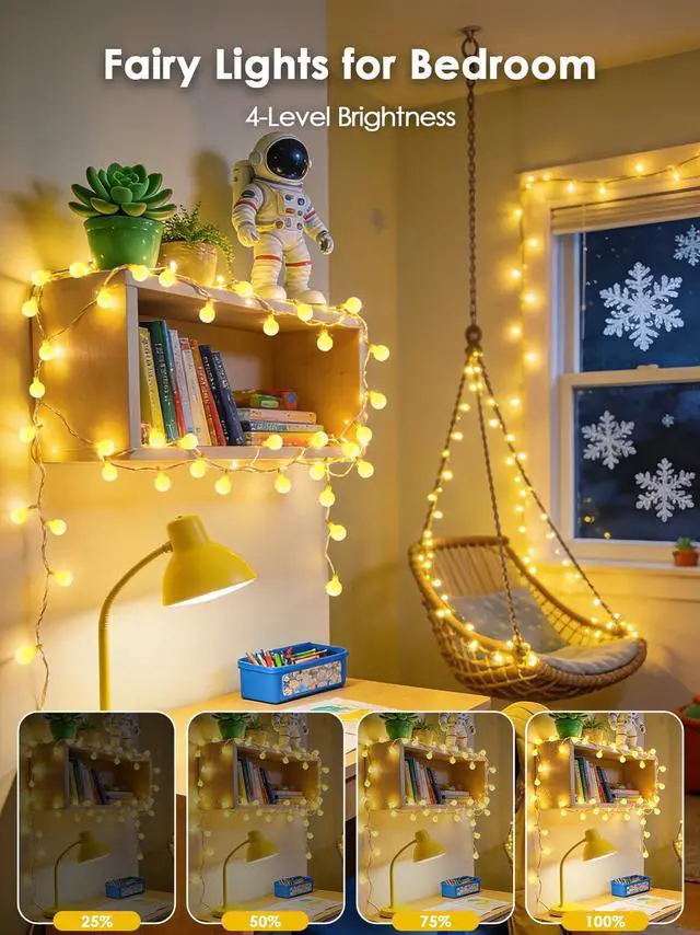 Alt view image 4 of 7 - Connectable 43FT 100LED Globe String Lights | 8 Modes Warm White String Lights Plug in with Remote | Hanging Fairy Light for Indoor Outdoor Bedroom Party Classroom Christmas Tree Decor