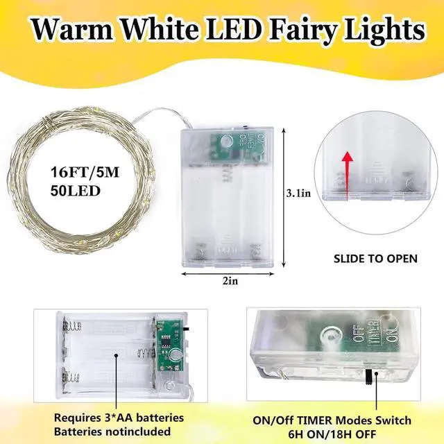 Alt view image 6 of 6 - 4-Pack Fairy Lights Battery Operated with Timer, Waterproof 16FT 50 LED String Lights Indoor Outdoor, Cuttable Starry Fairy Lights for Home Bedroom Classroom Dorm Wedding Christmas Decor (Warm White)