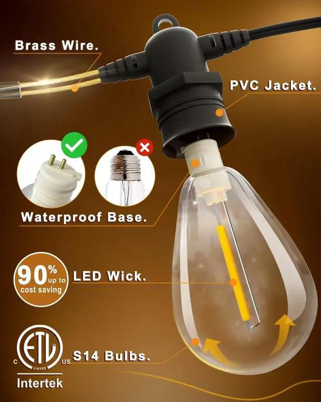 Alt view image 2 of 7 - 60FT LED Outdoor String Lights with 16+1 Edison Shatterproof IP65 Waterproof Bulbs, 2700K Dimmable Commercial Grade Patio Lights for Garden, Porch, Deck Decor