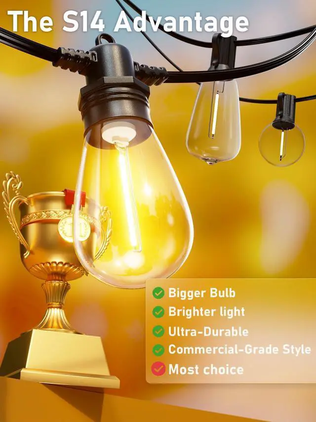 Alt view image 3 of 7 - 60FT LED Outdoor String Lights with 16+1 Edison Shatterproof IP65 Waterproof Bulbs, 2700K Dimmable Commercial Grade Patio Lights for Garden, Porch, Deck Decor