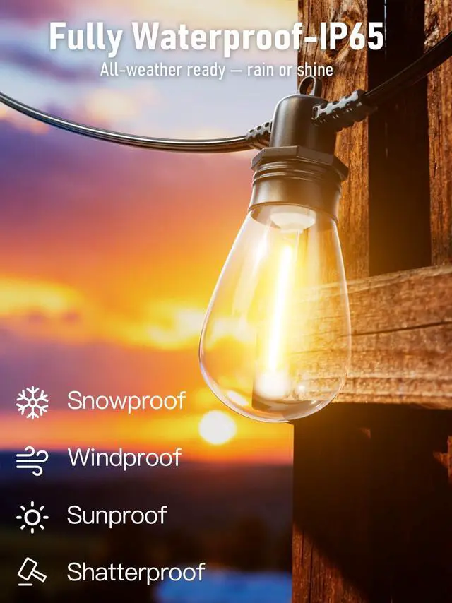 Alt view image 4 of 7 - 60FT LED Outdoor String Lights with 16+1 Edison Shatterproof IP65 Waterproof Bulbs, 2700K Dimmable Commercial Grade Patio Lights for Garden, Porch, Deck Decor