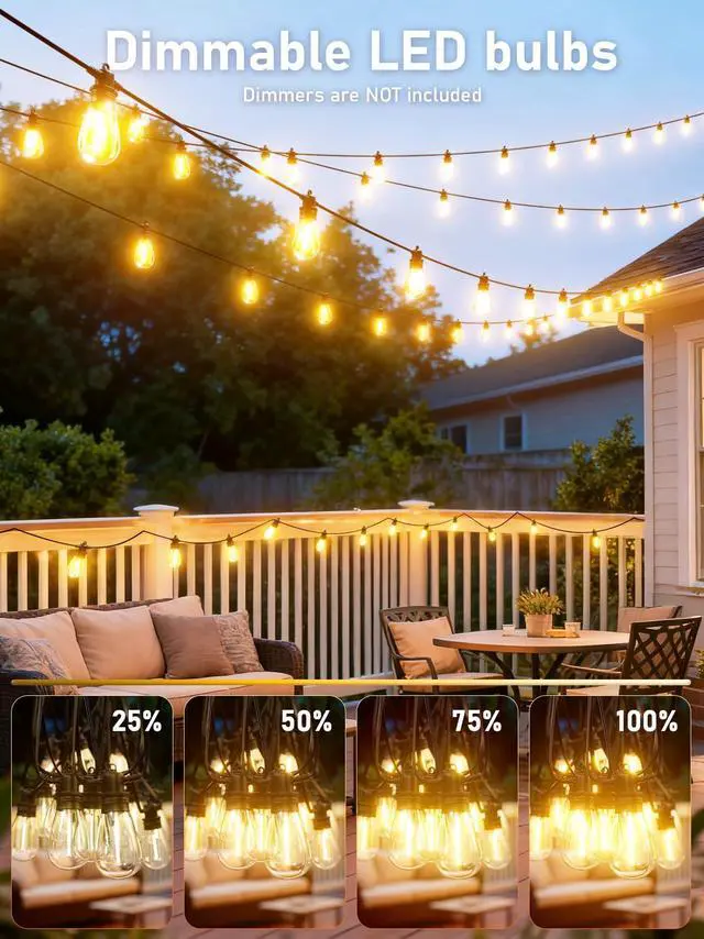 Alt view image 6 of 7 - 60FT LED Outdoor String Lights with 16+1 Edison Shatterproof IP65 Waterproof Bulbs, 2700K Dimmable Commercial Grade Patio Lights for Garden, Porch, Deck Decor