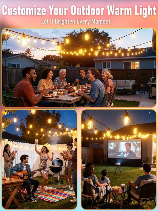 Alt view image 7 of 7 - 60FT LED Outdoor String Lights with 16+1 Edison Shatterproof IP65 Waterproof Bulbs, 2700K Dimmable Commercial Grade Patio Lights for Garden, Porch, Deck Decor