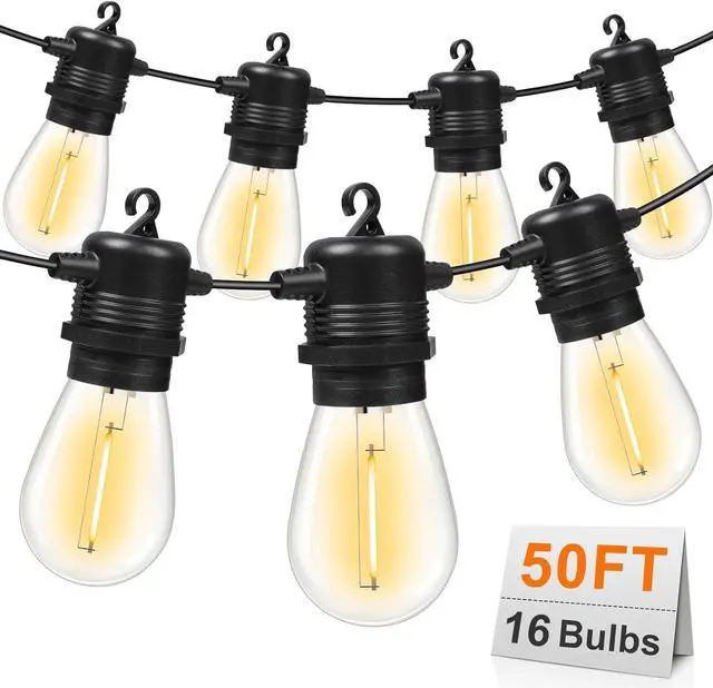Main image of 50FT LED Outdoor String Lights with 16 Shatterproof Waterproof S14 Replaceable Bulbs(1 Spare), 2700K Commercial Grade Patio Lights, Outside Hanging Light for Yard Garden Porch Deck Decor