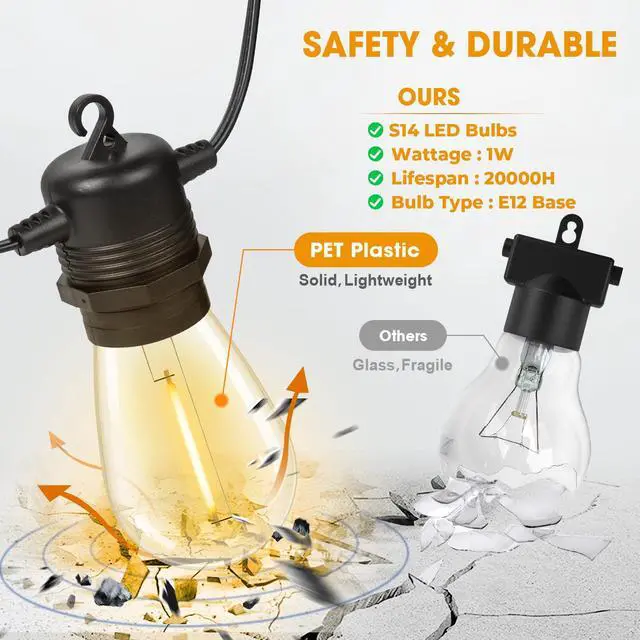 Alt view image 2 of 7 - 50FT LED Outdoor String Lights with 16 Shatterproof Waterproof S14 Replaceable Bulbs(1 Spare), 2700K Commercial Grade Patio Lights, Outside Hanging Light for Yard Garden Porch Deck Decor