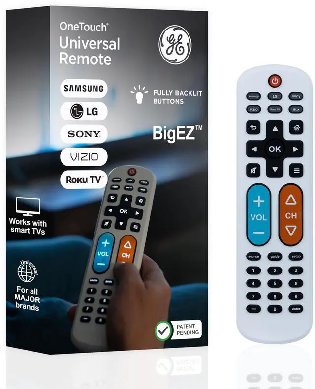 Main image of BigEZ OneTouch Big Button Universal TV Remote for Seniors, Easy to Use, Replacement Remote for Samsung, LG, Sony, Vizio, Roku TV, Streaming Players, Backlit Buttons, 2 Device, White, 84666