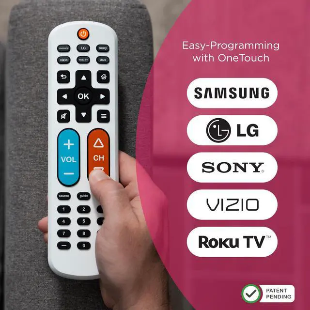Alt view image 2 of 7 - BigEZ OneTouch Big Button Universal TV Remote for Seniors, Easy to Use, Replacement Remote for Samsung, LG, Sony, Vizio, Roku TV, Streaming Players, Backlit Buttons, 2 Device, White, 84666