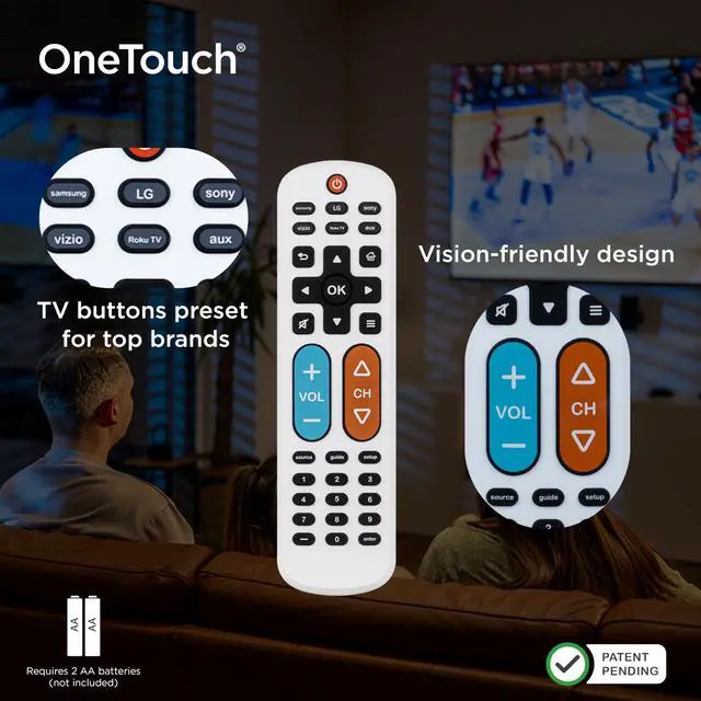 Alt view image 5 of 7 - BigEZ OneTouch Big Button Universal TV Remote for Seniors, Easy to Use, Replacement Remote for Samsung, LG, Sony, Vizio, Roku TV, Streaming Players, Backlit Buttons, 2 Device, White, 84666