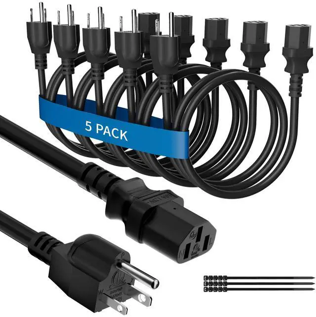 Main image of Computer TV Monitor Replacement Power Cord 6 Ft/5 Pack, 3-Prong AC Universal Power Supply Cable 5-15P to IEC 320 C13 C14, SJT 18AWG 10A/125V for Treadmill Printer,PC,Desktop+Ties-ETL-Black