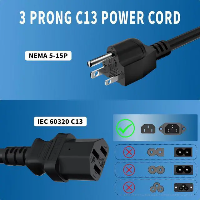 Alt view image 2 of 6 - Computer TV Monitor Replacement Power Cord 6 Ft/5 Pack, 3-Prong AC Universal Power Supply Cable 5-15P to IEC 320 C13 C14, SJT 18AWG 10A/125V for Treadmill Printer,PC,Desktop+Ties-ETL-Black