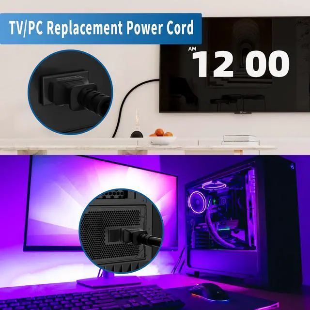 Alt view image 5 of 6 - Computer TV Monitor Replacement Power Cord 6 Ft/5 Pack, 3-Prong AC Universal Power Supply Cable 5-15P to IEC 320 C13 C14, SJT 18AWG 10A/125V for Treadmill Printer,PC,Desktop+Ties-ETL-Black