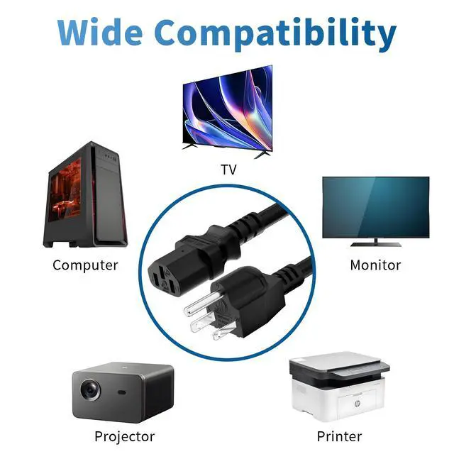 Alt view image 6 of 6 - Computer TV Monitor Replacement Power Cord 6 Ft/5 Pack, 3-Prong AC Universal Power Supply Cable 5-15P to IEC 320 C13 C14, SJT 18AWG 10A/125V for Treadmill Printer,PC,Desktop+Ties-ETL-Black