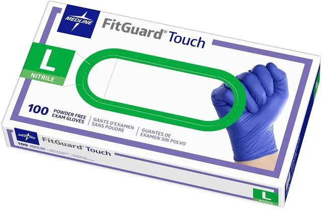 Main image of Medline FitGuard Touch Nitrile Exam Gloves, 100 Count, Large, Powder Free, Disposable, Not Made with Natural Rubber Latex, Excellent Sense of Touch for Medical Tasks, Durable for Household Chores