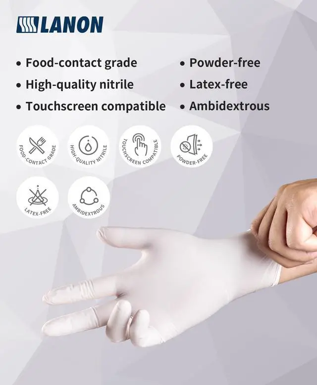 Alt view image 2 of 6 - Food Safe White Disposable Nitrile Gloves, Latex-Free, Powder-Free, Textured Fingertips, Cooking, Cleaning, Medium